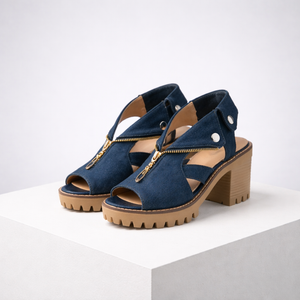 Women's blue suede heels front view — elegant — Anna Denim Block Heels — Sonverdano
