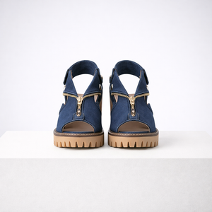 Women's blue suede heels styled look — elegant — Anna Denim Block Heels — Sonverdano