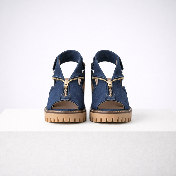 Women's blue suede heels styled look — elegant — Anna Denim Block Heels — Sonverdano