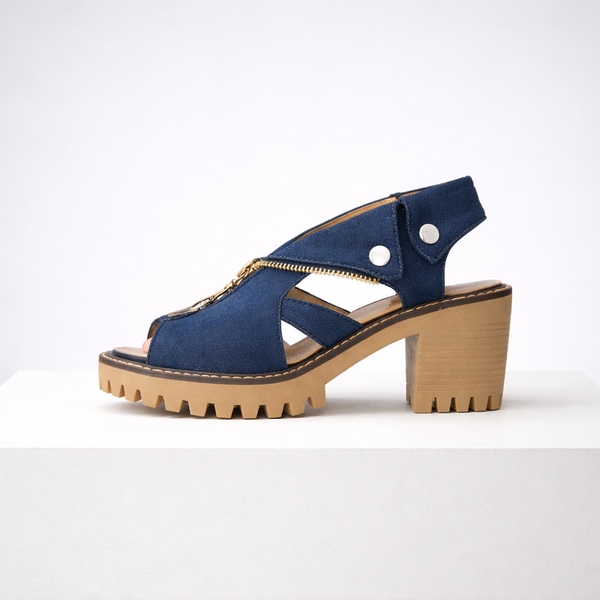 Women's blue suede heels close-up — elegant — Anna Denim Block Heels — Sonverdano