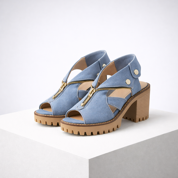 Women's light blue suede heels alternate angle — elegant — Anna Denim Block Heels — Sonverdano