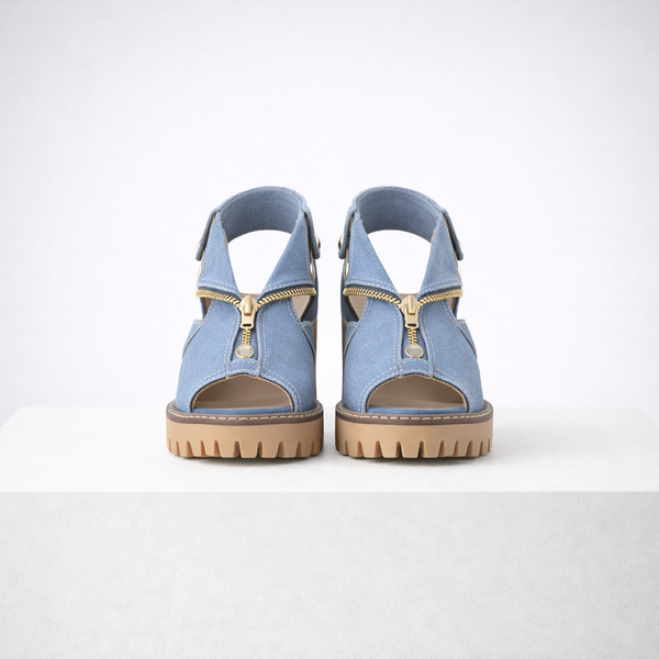 Women's blue suede heels detail view — elegant — Anna Denim Block Heels — Sonverdano