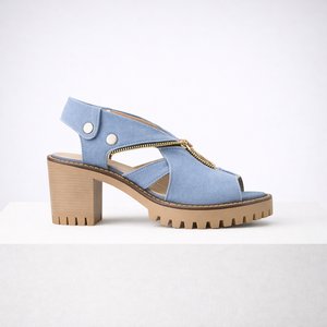Women's blue suede heels color detail — elegant — Anna Denim Block Heels — Sonverdano