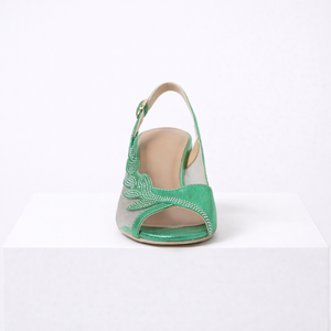 Women's green heels close-up — elegant — Lily Grace Slingback Heels — Sonverdano
