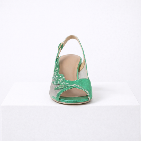 Women's green heels close-up — elegant — Lily Grace Slingback Heels — Sonverdano