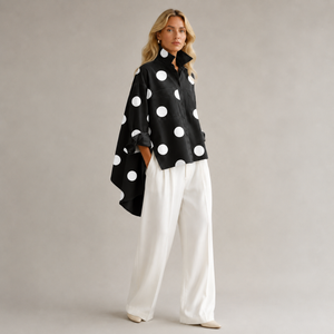 PR-0746 - Women Polka Dot Stand Collar Shirt – Black – 3/4 angle view