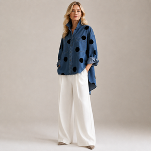 PR-0746 - Women Polka Dot Stand Collar Shirt – Blue – 3/4 angle view