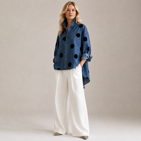 PR-0746 - Women Polka Dot Stand Collar Shirt – Blue – 3/4 angle view