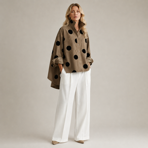 PR-0746 - Women Polka Dot Stand Collar Shirt – Khaki – 3/4 angle view