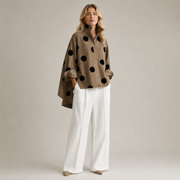 PR-0746 - Women Polka Dot Stand Collar Shirt – Khaki – 3/4 angle view