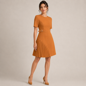 Women's brown dress color detail — chic — Merelin Pleated Dress for every occasion — Sonverdano