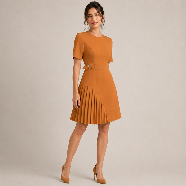 Women's brown dress color detail — chic — Merelin Pleated Dress for every occasion — Sonverdano