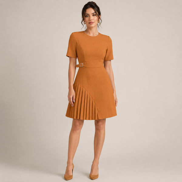 Women's brown dress styled look — chic — Merelin Pleated Dress for every occasion — Sonverdano