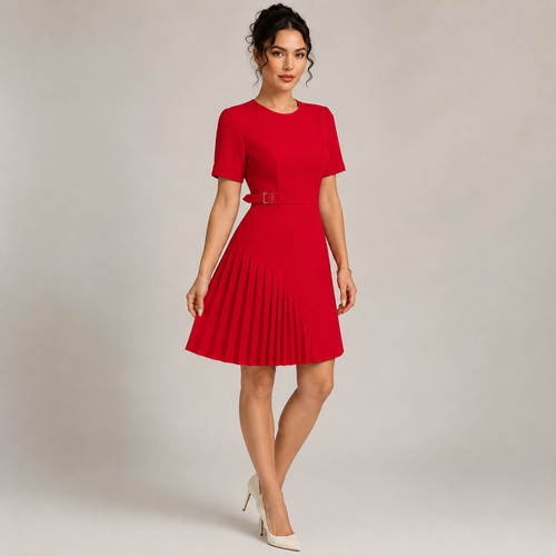 Women's red dress front view — chic — Merelin Pleated Dress for every occasion — Sonverdano