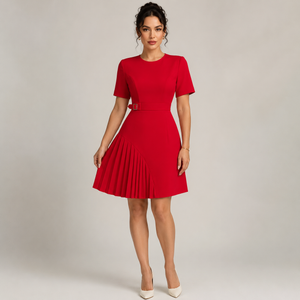 Women's red dress side view — chic — Merelin Pleated Dress for every occasion — Sonverdano