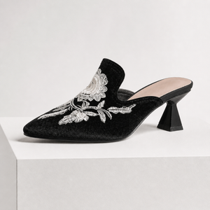Women's black floral heels detail view — elegant — Harriet Embroidered Pointed Mules — Sonverdano