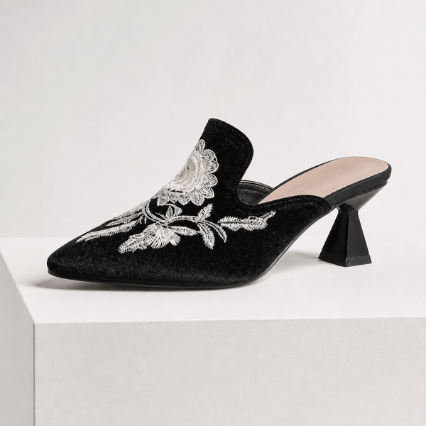 Women's black floral heels detail view — elegant — Harriet Embroidered Pointed Mules — Sonverdano