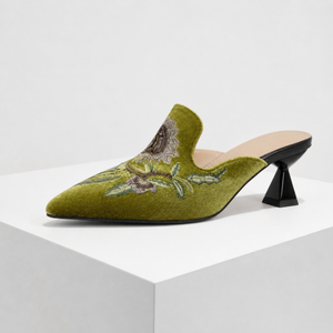Women's green floral heels side view — elegant — Harriet Embroidered Pointed Mules — Sonverdano