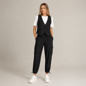 Women's black fortini close-up — versatile — Fortini 2-Piece Pinstripe Set — Sonverdano