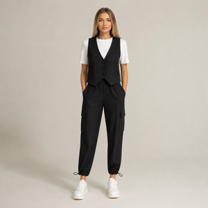 Women's black fortini back view — versatile — Fortini 2-Piece Pinstripe Set — Sonverdano