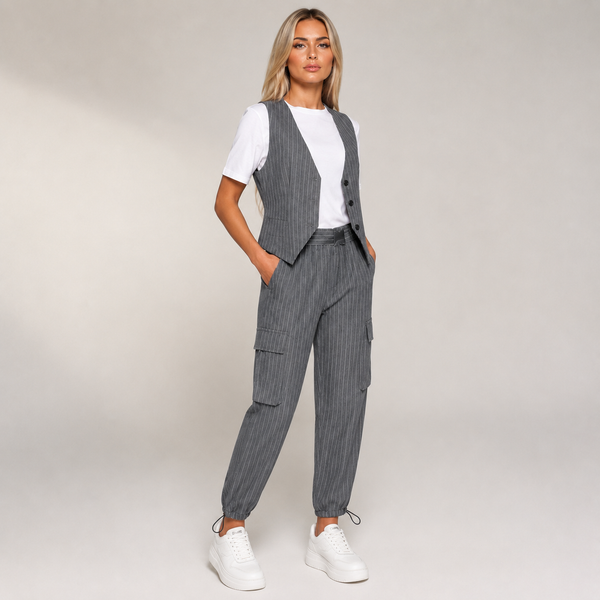 Women's gray fortini front view — versatile — Fortini 2-Piece Pinstripe Set — Sonverdano