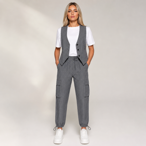 Women's gray fortini detail view — versatile — Fortini 2-Piece Pinstripe Set — Sonverdano