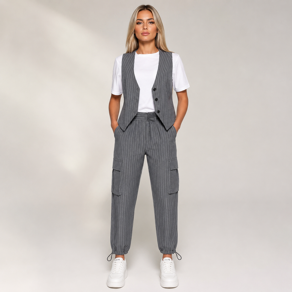 Women's gray fortini detail view — versatile — Fortini 2-Piece Pinstripe Set — Sonverdano