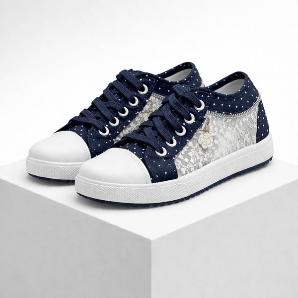 Women's navy denim sneakers alternate angle — casual — Stacy Denim Lace Sneakers — Sonverdano
