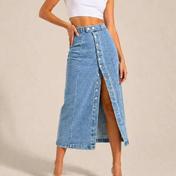 Women's black denim skirt side view — chic — Dea Bella Denim Skirt for every occasion — Sonverdano