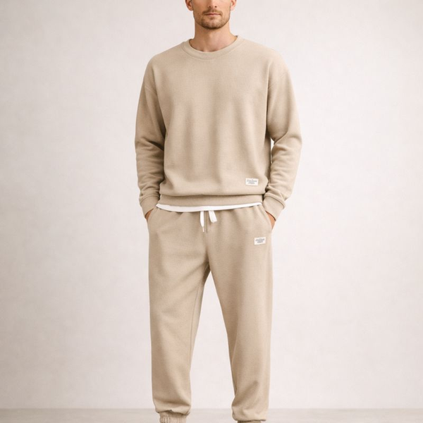 Man wearing a beige sweatshirt and pants set on a plain background