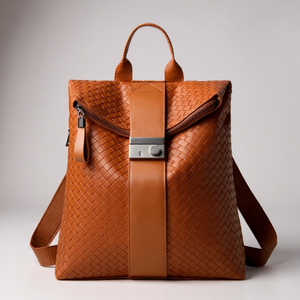 Brown woven leather backpack on a light gray background