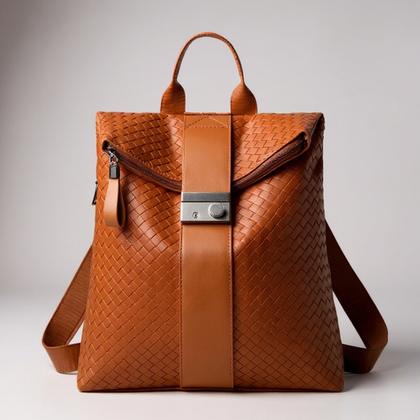 Brown woven leather backpack on a light gray background