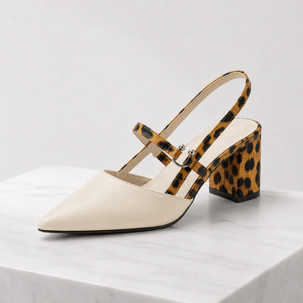 Women's leopard heels detail view — elegant — Taisia Pointed Toe Heels — Sonverdano
