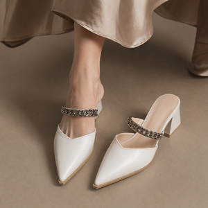 Women's heels side view — elegant — Cassandra Pointed Toe Chain Mules — Sonverdano