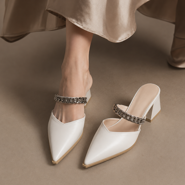 Women's heels side view — elegant — Cassandra Pointed Toe Chain Mules — Sonverdano
