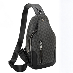 Gray geometric patterned sling bag with zippers on a white background