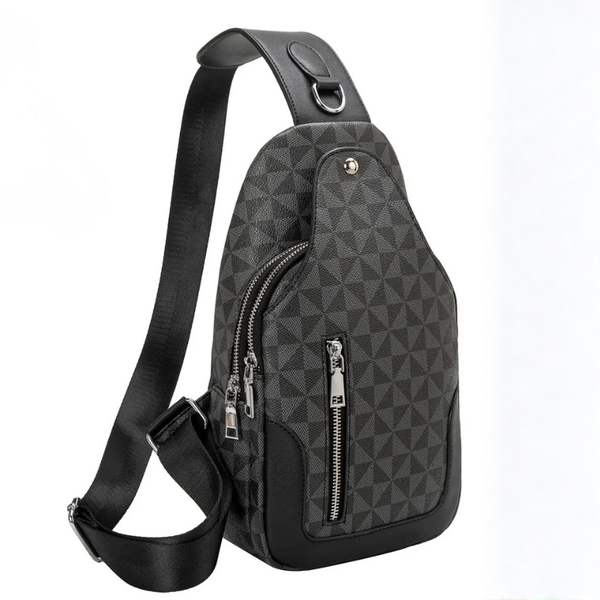 Gray geometric patterned sling bag with zippers on a white background