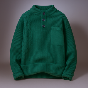 Green sweater with buttons on a gray background