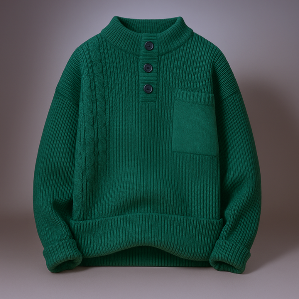 Green sweater with buttons on a gray background