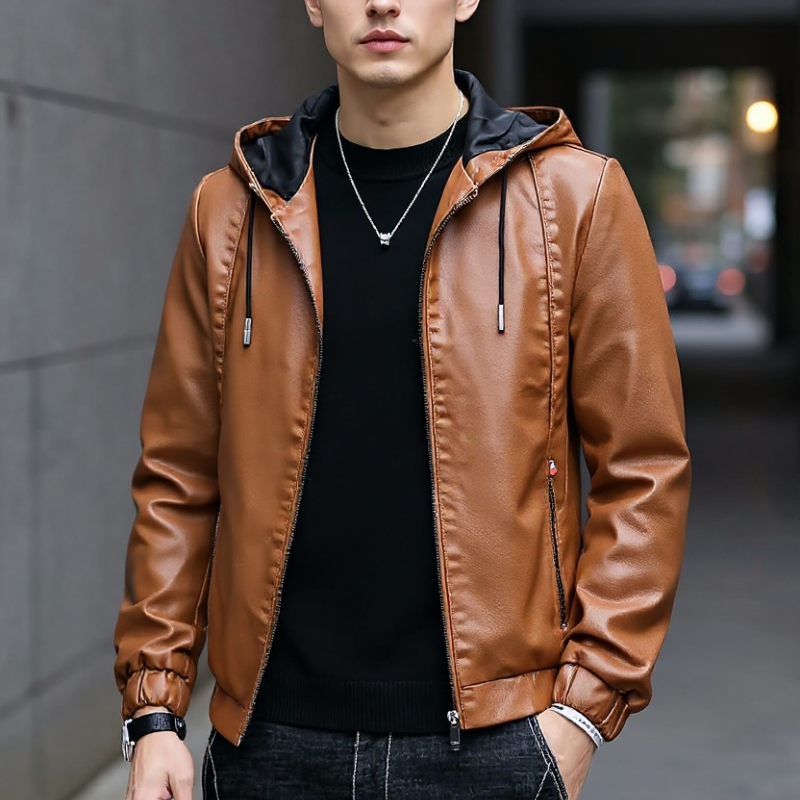 Man wearing a black leather jacket against a dark background