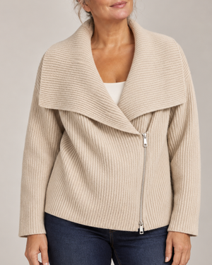 Women's khaki ribbed cardigan styled look — cozy — Tara Oversized Zip Cardigan — Sonverdano