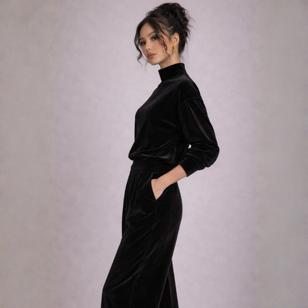 Women's pants — versatile — PR-0597 - Women's Velvet Knit Long Sleeve Two-Piece Set with Wide Leg Pants — Sonverdano