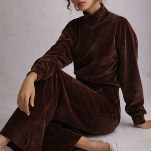 Women's pants — versatile — PR-0597 - Women's Velvet Knit Long Sleeve Two-Piece Set with Wide Leg Pants — Sonverdano