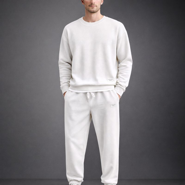 Man wearing a white tracksuit against a gray background