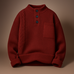 Red sweater with button details on a brown background