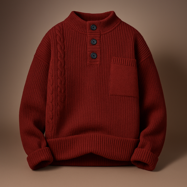 Red sweater with button details on a brown background