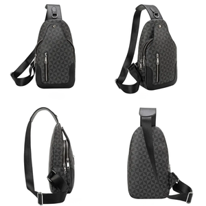 Black and gray patterned sling bag shown from multiple angles on a white background