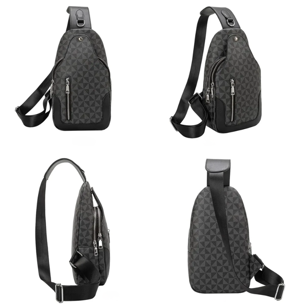Black and gray patterned sling bag shown from multiple angles on a white background