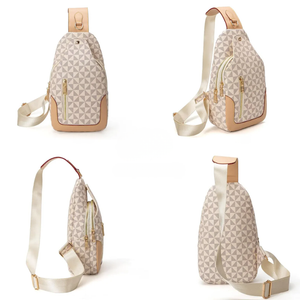 Patterned sling bag with beige accents on a white background