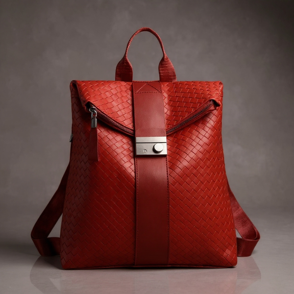 Red woven leather backpack on a gray background